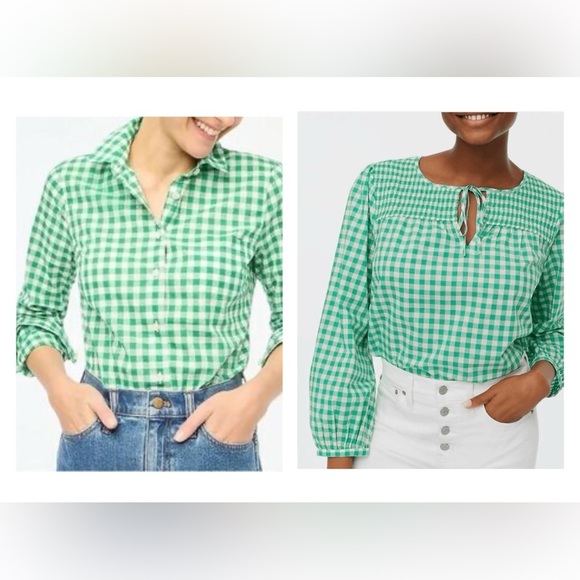 J. Crew Green Gingham Women's Top XXS Tie Neck Smocked Cotton Woven Casual Chic - Picture 1 of 16
